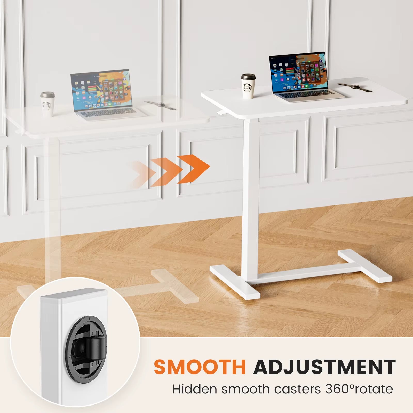 Overbed Bedside Sofa Table with Hidden Wheels Adjustable Height Home Use Bed Table Laptop Mobile Standing Desk for Bedroom