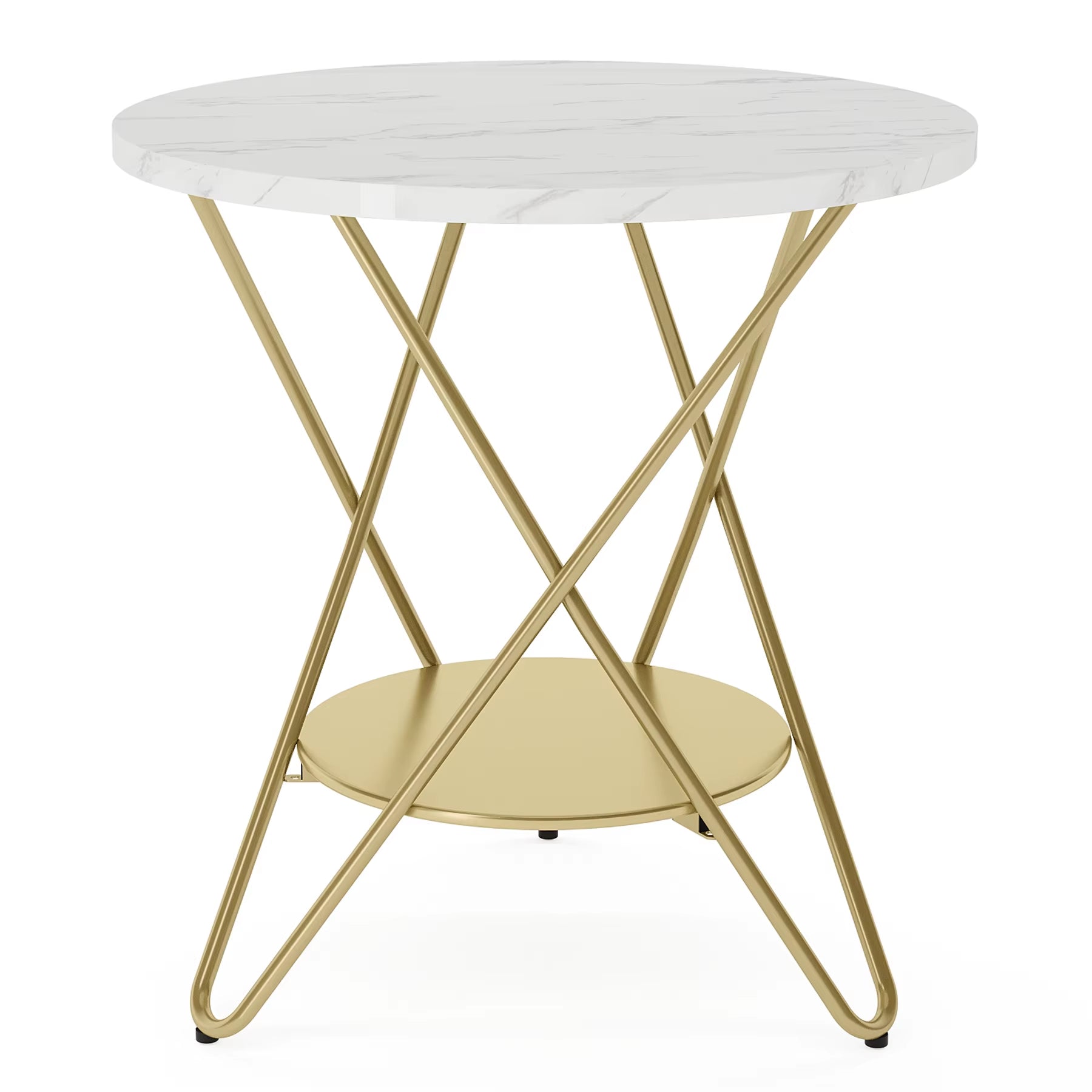 2 Tier Faux Marble End Table round Side Table with Shelves Small Coffee Accent Table for Living Room, White and Gold
