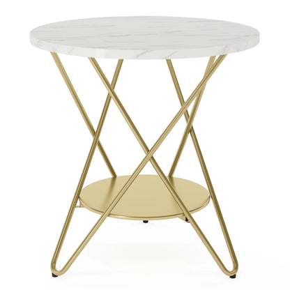 2 Tier Faux Marble End Table round Side Table with Shelves Small Coffee Accent Table for Living Room, White and Gold