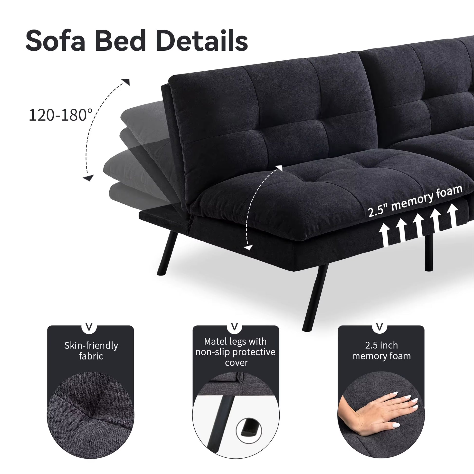 Hcore 1 PC Futon Sofa Bed, Futon Couch Memory Foam Futon Bed,Black Sleeper Sofa Loveseat Convertible Couch for Small Spaces
