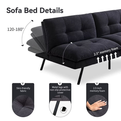 Hcore 1 PC Futon Sofa Bed, Futon Couch Memory Foam Futon Bed,Black Sleeper Sofa Loveseat Convertible Couch for Small Spaces