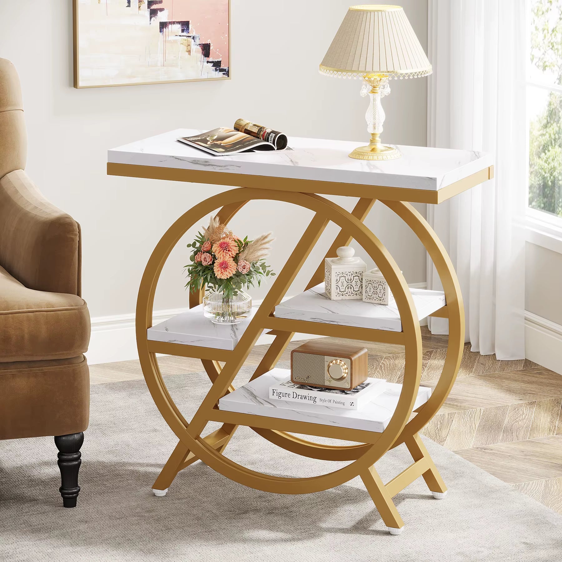 End Table for Living Room, 3-Tier Narrow Side Table with Storage, Wood Sofa Side Table with Geometric Metal Frame