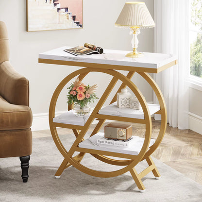 End Table for Living Room, 3-Tier Narrow Side Table with Storage, Wood Sofa Side Table with Geometric Metal Frame