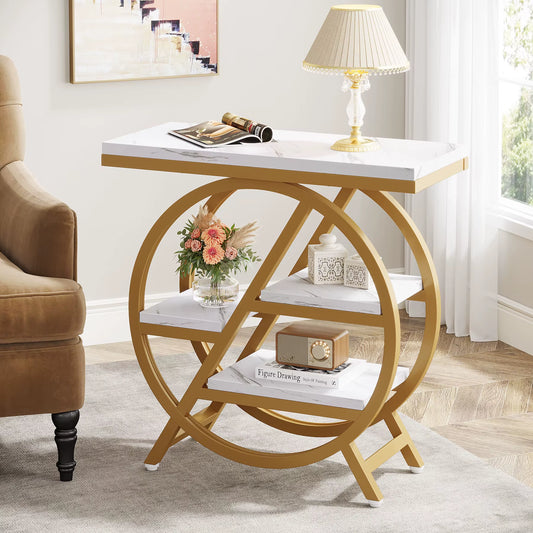 End Table for Living Room, 3-Tier Narrow Side Table with Storage, Wood Sofa Side Table with Geometric Metal Frame