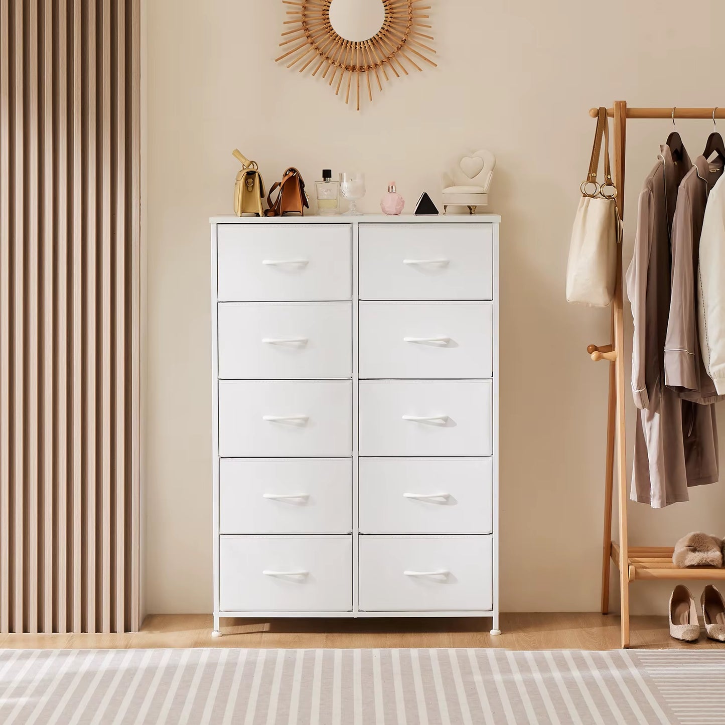 Bedside Table for Bedroom with 10 Fabric Drawers Wardrobe Steel Frame Closet for Storage Cabinet Living Room of Furniture