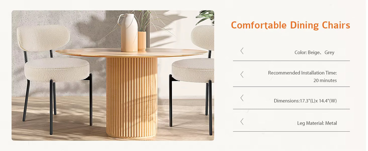 Ergonomic round Dining Chairs Set of 2 Plush Fabric Kitchen Chairs with Curved Backrest Metal Legs for Living Room