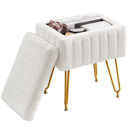 Faux Fur Living Room Hidden Storage Stools & Ottomans Padded Makeup with 4 Metal Legs Anti-Slip Adjustable Feet for Home