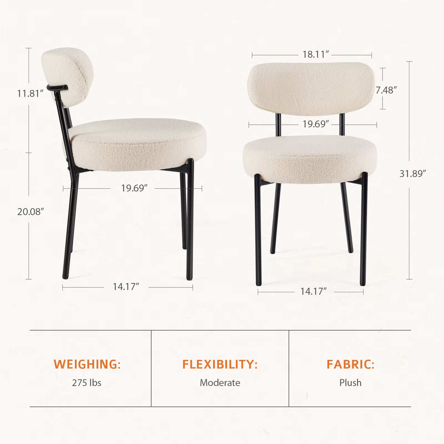 Ergonomic round Dining Chairs Set of 2 Plush Fabric Kitchen Chairs with Curved Backrest Metal Legs for Living Room