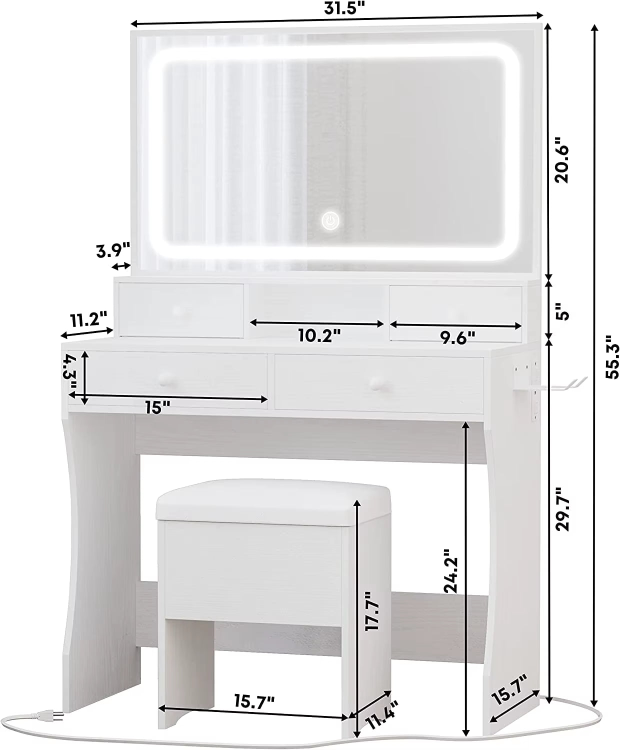 Vanity Desk with LED Lighted Mirror & Power Outlet, Dressing Makeup Table Set with Storage Stool and Hair Dryer Stand