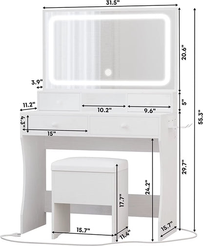 Vanity Desk with LED Lighted Mirror & Power Outlet, Dressing Makeup Table Set with Storage Stool and Hair Dryer Stand