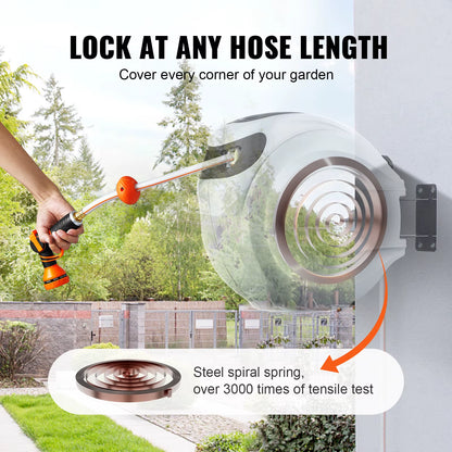 Succebuy Retractable Hose Reel 180° Swivel Bracket Wall-Mounted Garden Water Hose Reel with 9-Pattern Nozzle Automatic Rewind