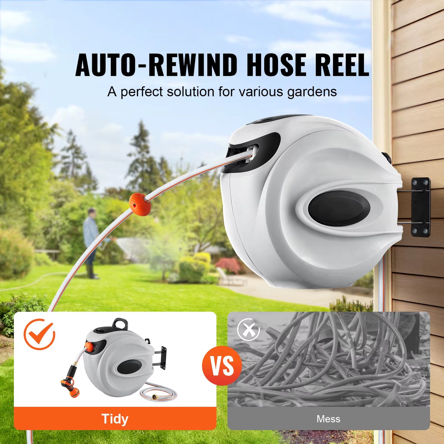 Succebuy Retractable Hose Reel 180° Swivel Bracket Wall-Mounted Garden Water Hose Reel with 9-Pattern Nozzle Automatic Rewind