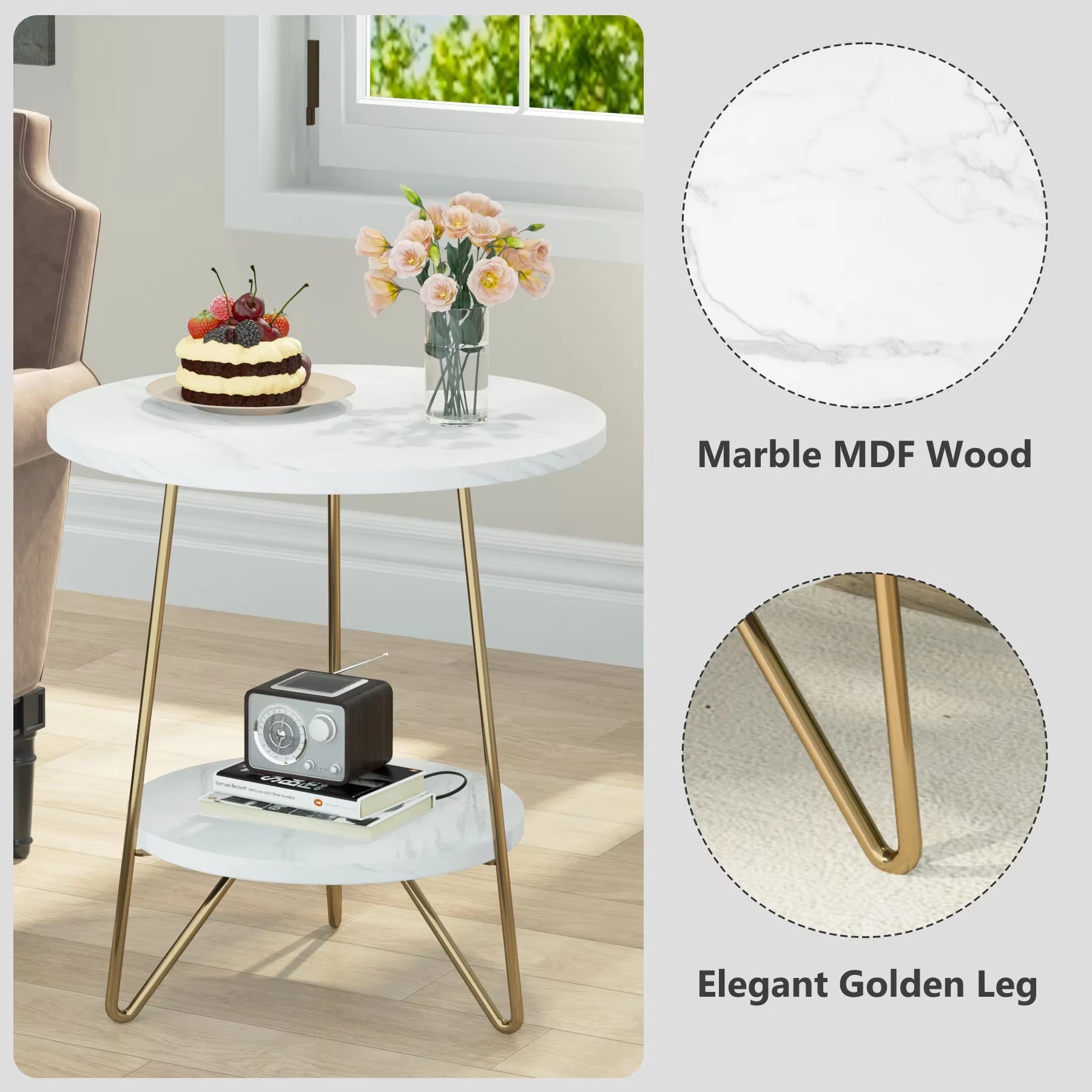 2 Tier Faux Marble End Table round Side Table with Shelves Small Coffee Accent Table for Living Room, White and Gold
