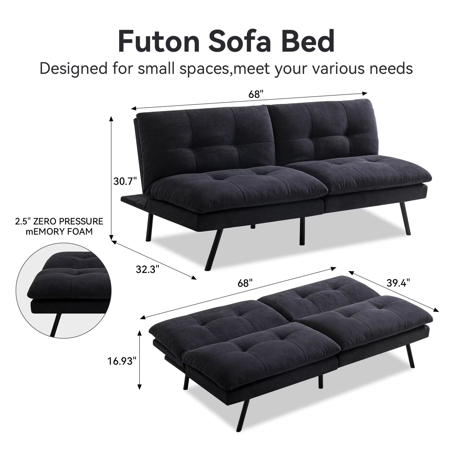 Hcore 1 PC Futon Sofa Bed, Futon Couch Memory Foam Futon Bed,Black Sleeper Sofa Loveseat Convertible Couch for Small Spaces