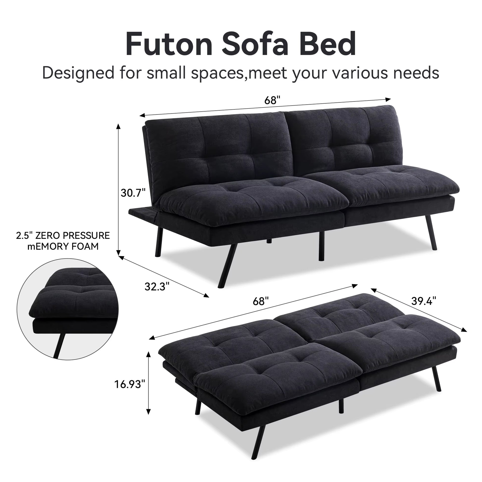 Hcore 1 PC Futon Sofa Bed, Futon Couch Memory Foam Futon Bed,Black Sleeper Sofa Loveseat Convertible Couch for Small Spaces