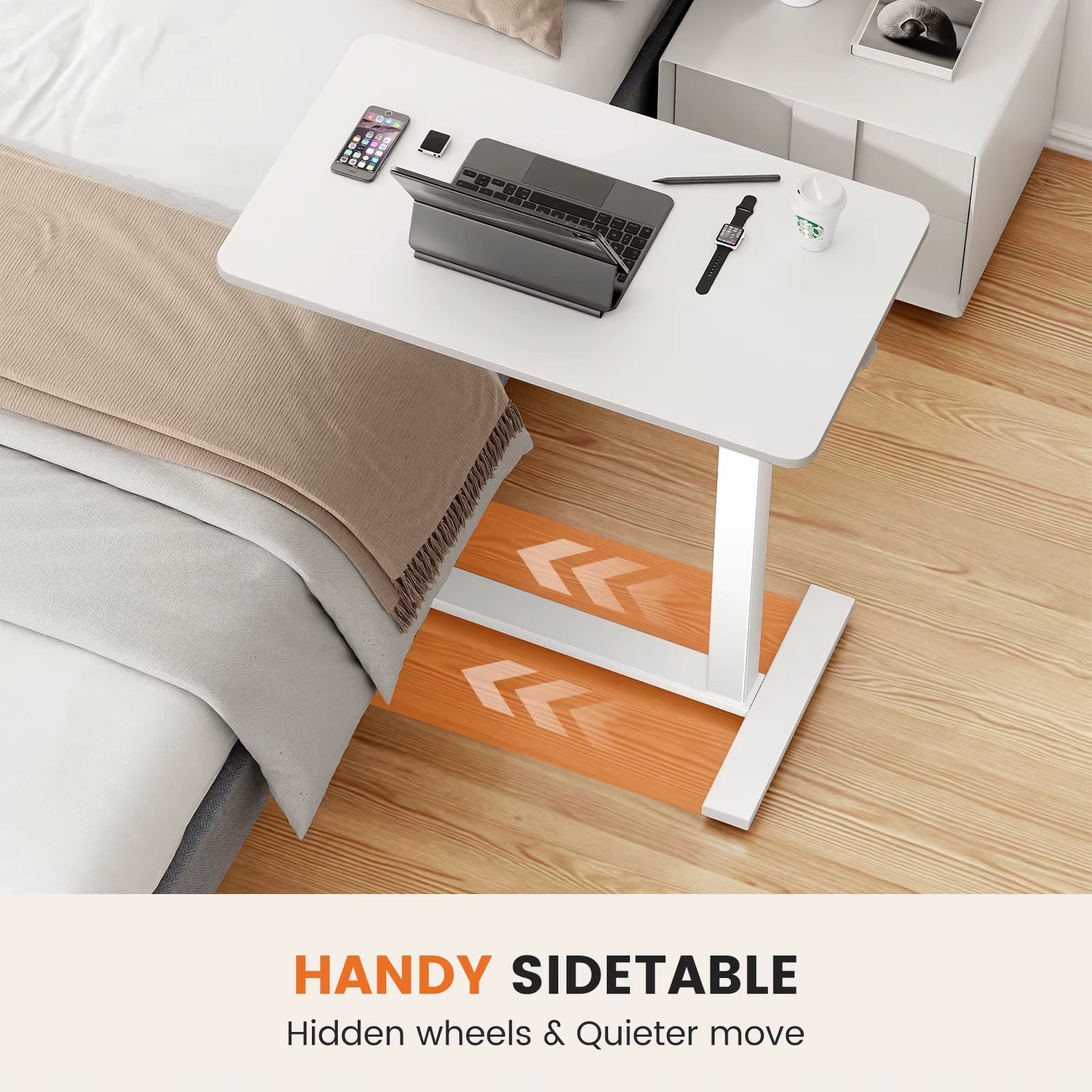 Overbed Bedside Sofa Table with Hidden Wheels Adjustable Height Home Use Bed Table Laptop Mobile Standing Desk for Bedroom