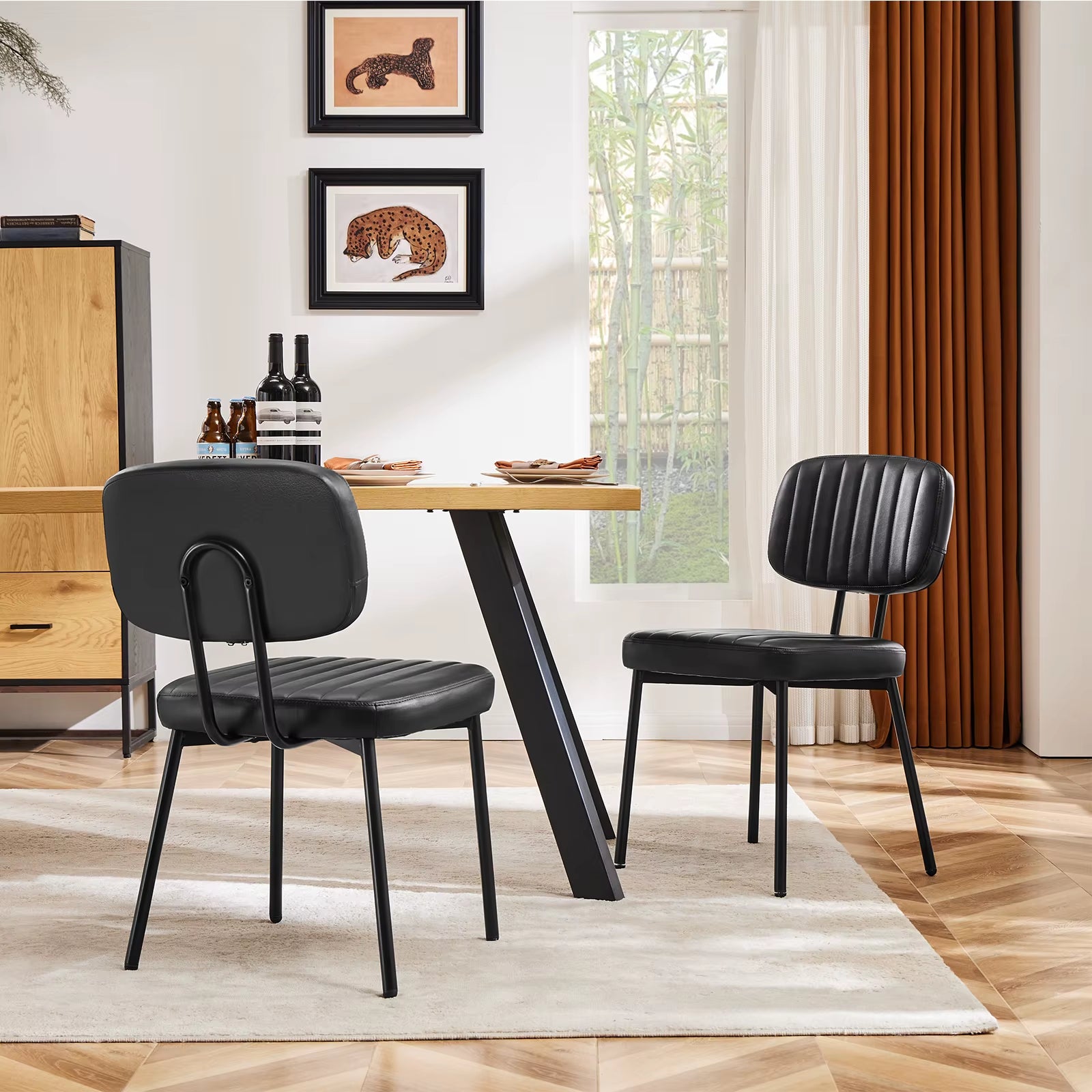 Dining Chairs Set of 2 Ergonomic Lumbar Support PU Leather Foam Sponge Cushion Seat and Metal Legs for Modern Kitchen