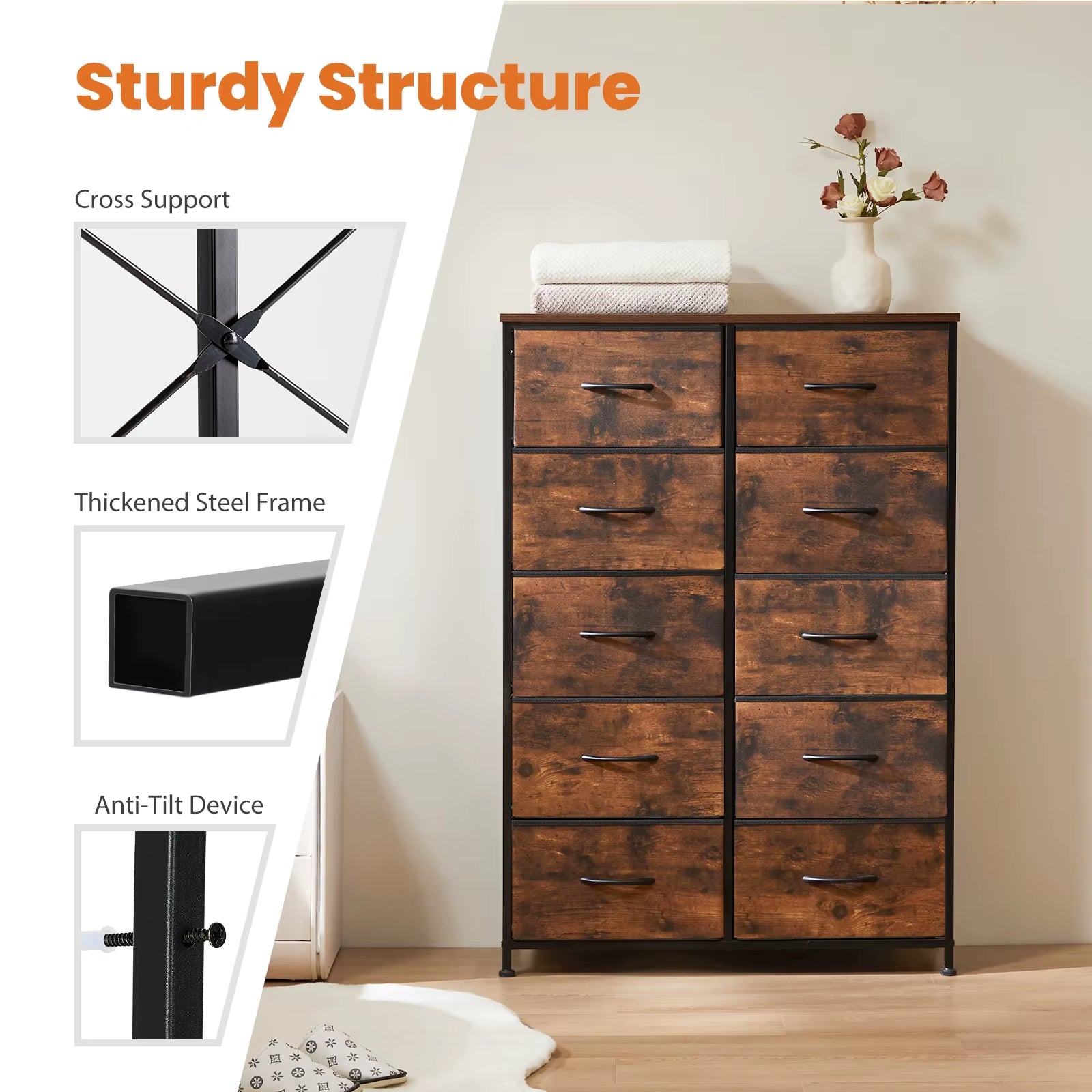 Bedside Table for Bedroom with 10 Fabric Drawers Wardrobe Steel Frame Closet for Storage Cabinet Living Room of Furniture