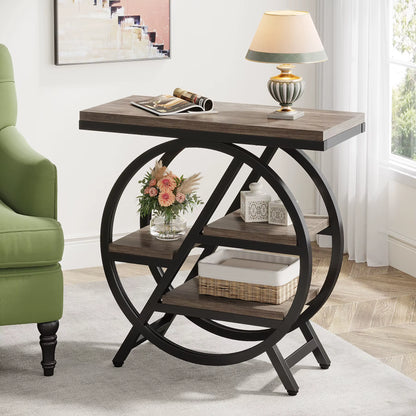 End Table for Living Room, 3-Tier Narrow Side Table with Storage, Wood Sofa Side Table with Geometric Metal Frame