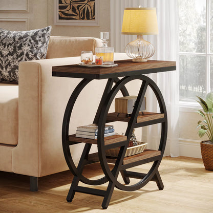 End Table for Living Room, 3-Tier Narrow Side Table with Storage, Wood Sofa Side Table with Geometric Metal Frame