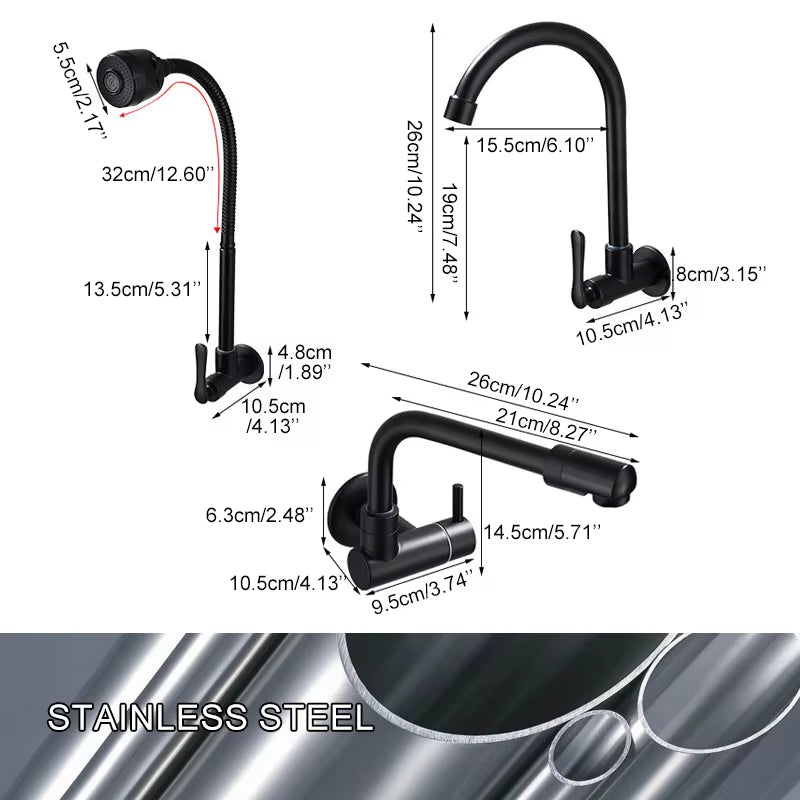 Wall Kitchen Faucet Single Cold Water Black Kitchen Faucets Universal Crane 360 Degree Turn Kitchen Mixer Taps ML772
