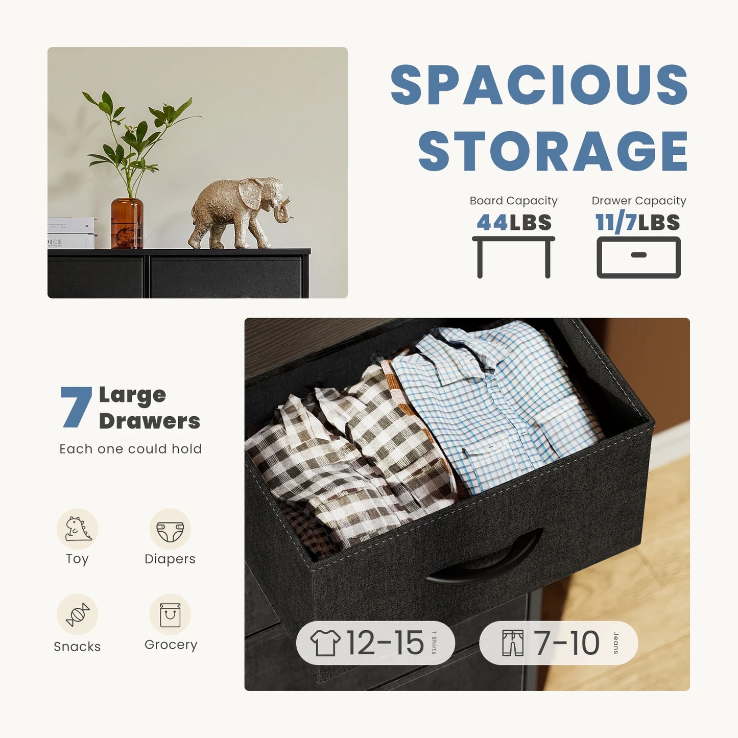 Desser for Bedroom with 7 Fabric Drawers Organizer Storage Closet Chest Clothes for Living Room Display Cabinet of Furniture