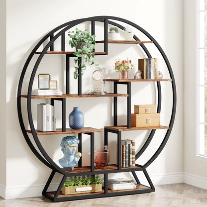 Bookshelf, round Bookshelves Etagere Bookcase, 63-Inch Industrial Wood Book Shelf with Staggered Shelves