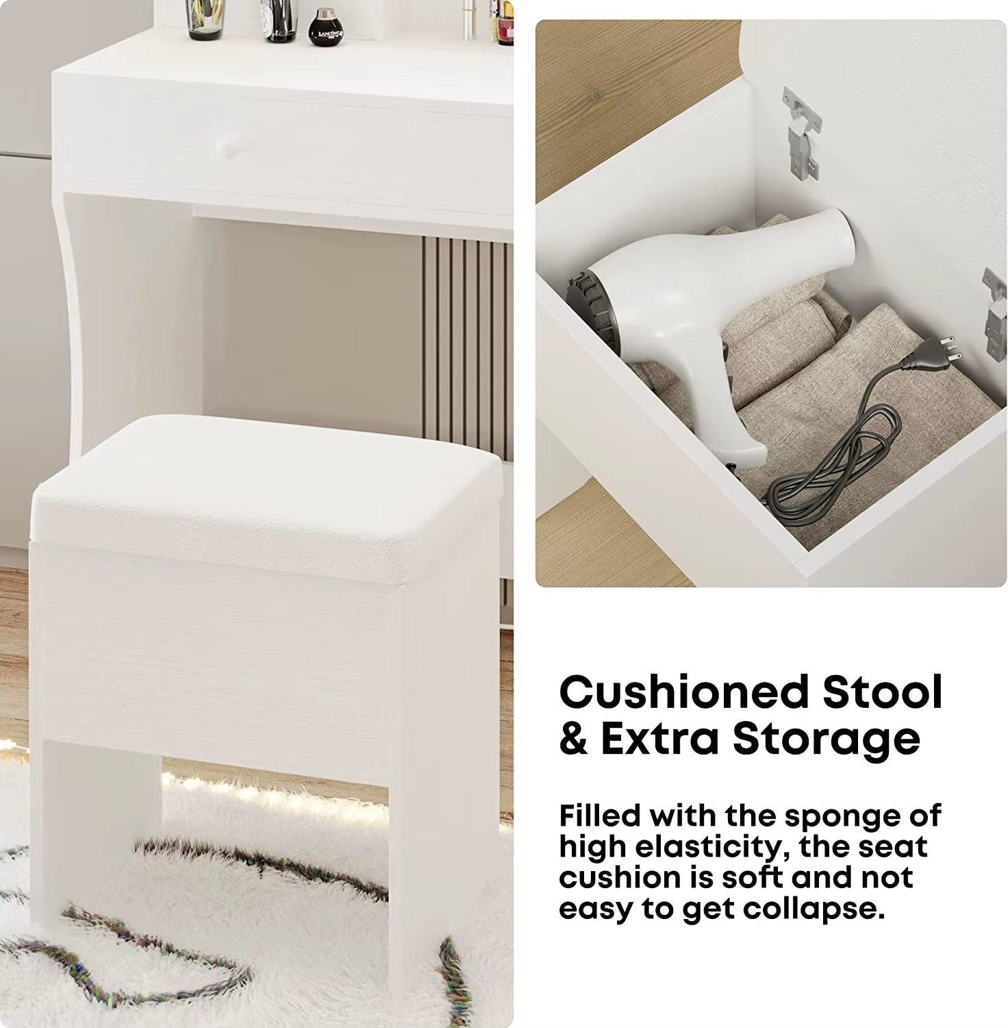 Vanity Desk with LED Lighted Mirror & Power Outlet, Dressing Makeup Table Set with Storage Stool and Hair Dryer Stand