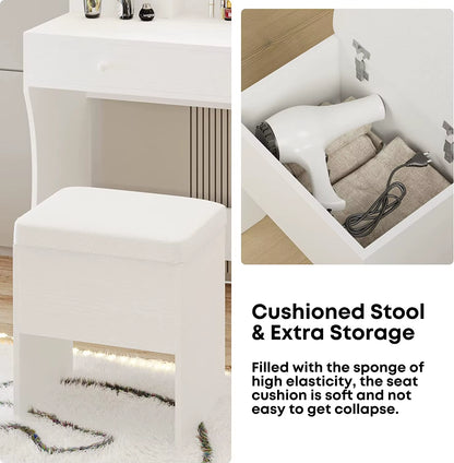 Vanity Desk with LED Lighted Mirror & Power Outlet, Dressing Makeup Table Set with Storage Stool and Hair Dryer Stand