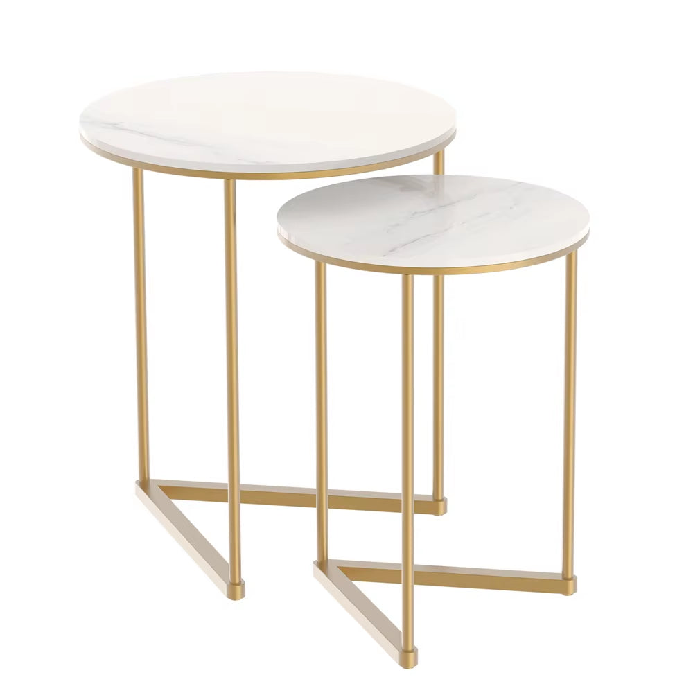 Modern round Marble Metal Base Nesting Set Side Accent Table Living Room Storage Small End Table, Set of 2, Marble and Gold