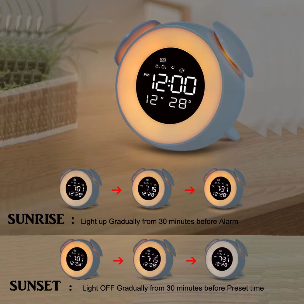 Rechargeable Awakening Digital Alarm Clock with Sunrise Sunset Light Simulation and Colorful Atmosphere LED Lighting Effects