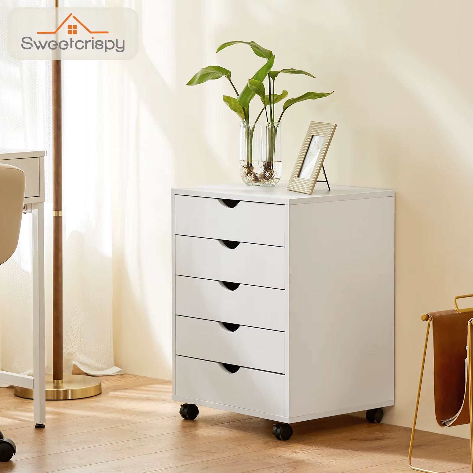 Wood Nightstand Cabinet 5 Drawers Waterproof Surface Storage Organizer File Office Easy to Move Bedside Table Rotating Wheel