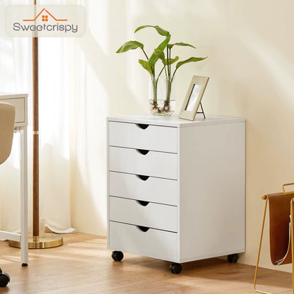 Wood Nightstand Cabinet 5 Drawers Waterproof Surface Storage Organizer File Office Easy to Move Bedside Table Rotating Wheel